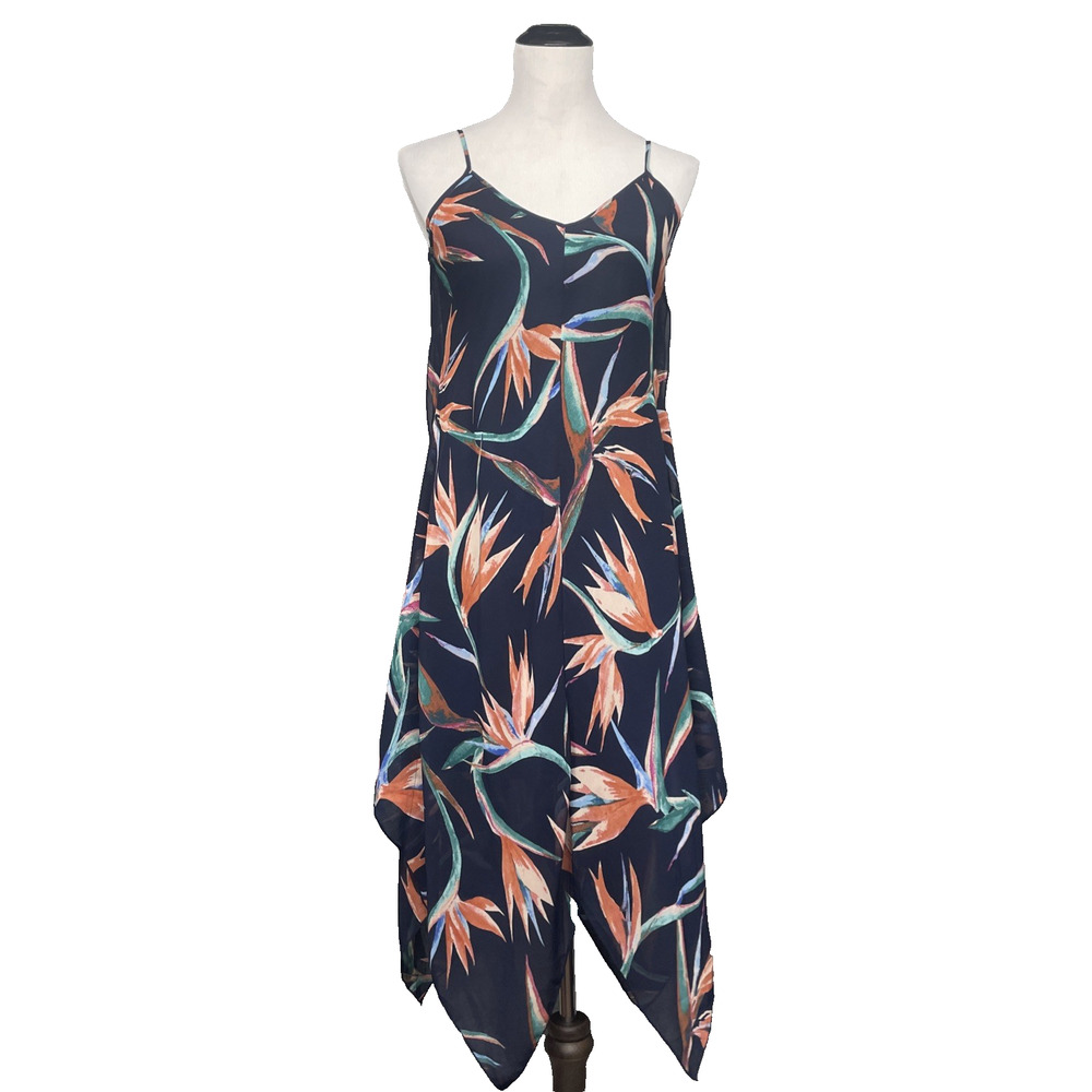 En‎ Focus Womens 8 Navy Bird of Paradise Floral Handkerchief Hem Dress Tropical